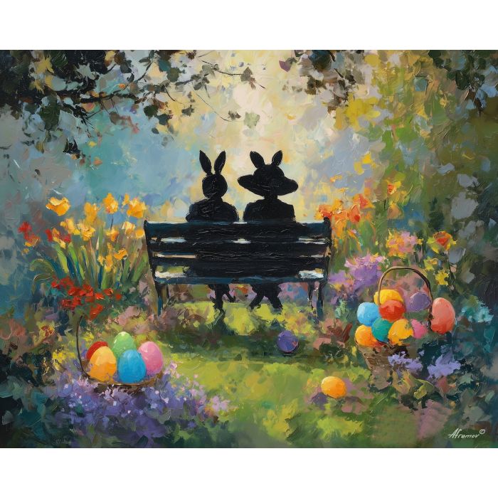 cheerful, blooms, easter theme, spring celebration, pastel colors, palette knife, oil painting, impasto, bright art, seasonal, spring park, decorated eggs, festive, colorful scene, textured paint, joyful mood, springtime