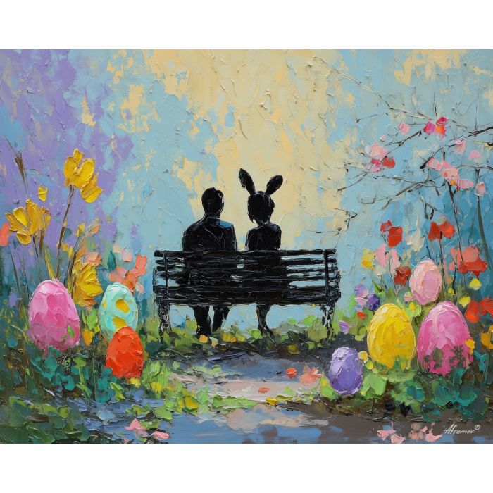 easter, season, easter theme, spring celebration, pastel colors, palette knife, oil painting, impasto, bright art, seasonal, spring park, decorated eggs, festive, colorful scene, textured paint, joyful mood, springtime