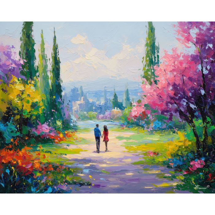 colorful, view, easter theme, spring celebration, pastel colors, palette knife, oil painting, impasto, bright art, seasonal, spring park, decorated eggs, festive, colorful scene, textured paint, joyful mood, springtime