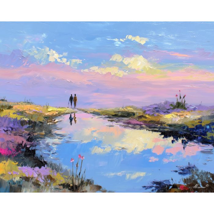 spring, view, easter theme, spring celebration, pastel colors, palette knife, oil painting, impasto, bright art, seasonal, spring park, decorated eggs, festive, colorful scene, textured paint, joyful mood, springtime