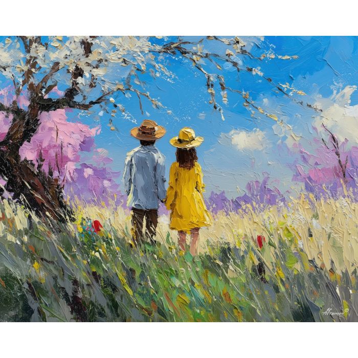 joyful, time, easter theme, spring celebration, pastel colors, palette knife, oil painting, impasto, bright art, seasonal, spring park, decorated eggs, festive, colorful scene, textured paint, joyful mood, springtime