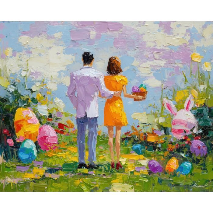 cheerful, scene, easter theme, spring celebration, pastel colors, palette knife, oil painting, impasto, bright art, seasonal, spring park, decorated eggs, festive, colorful scene, textured paint, joyful mood, springtime