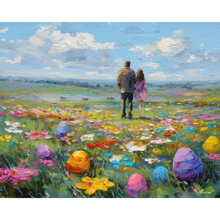 flowered, meadow, easter theme, spring celebration, pastel colors, palette knife, oil painting, impasto, bright art, seasonal, spring park, decorated eggs, festive, colorful scene, textured paint, joyful mood, springtime