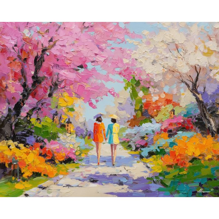 warm, joy, easter theme, spring celebration, pastel colors, palette knife, oil painting, impasto, bright art, seasonal, spring park, decorated eggs, festive, colorful scene, textured paint, joyful mood, springtime