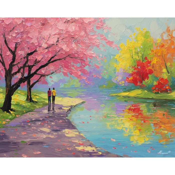 flowered, joy, easter theme, spring celebration, pastel colors, palette knife, oil painting, impasto, bright art, seasonal, spring park, decorated eggs, festive, colorful scene, textured paint, joyful mood, springtime