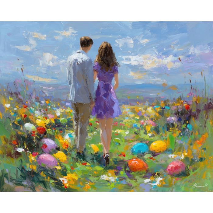 joyful, season, easter theme, spring celebration, pastel colors, palette knife, oil painting, impasto, bright art, seasonal, spring park, decorated eggs, festive, colorful scene, textured paint, joyful mood, springtime