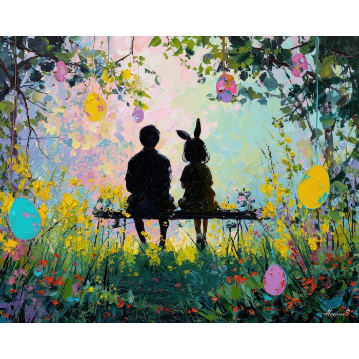 playful, day, easter theme, spring celebration, pastel colors, palette knife, oil painting, impasto, bright art, seasonal, spring park, decorated eggs, festive, colorful scene, textured paint, joyful mood, springtime