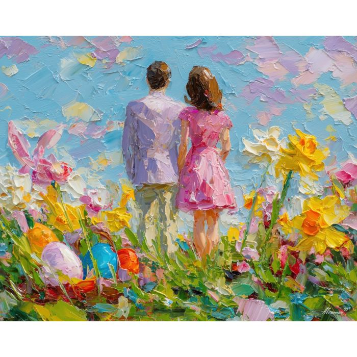 vivid, blooms, easter theme, spring celebration, pastel colors, palette knife, oil painting, impasto, bright art, seasonal, spring park, decorated eggs, festive, colorful scene, textured paint, joyful mood, springtime