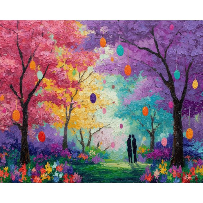 radiant, walk, easter theme, spring celebration, pastel colors, palette knife, oil painting, impasto, bright art, seasonal, spring park, decorated eggs, festive, colorful scene, textured paint, joyful mood, springtime