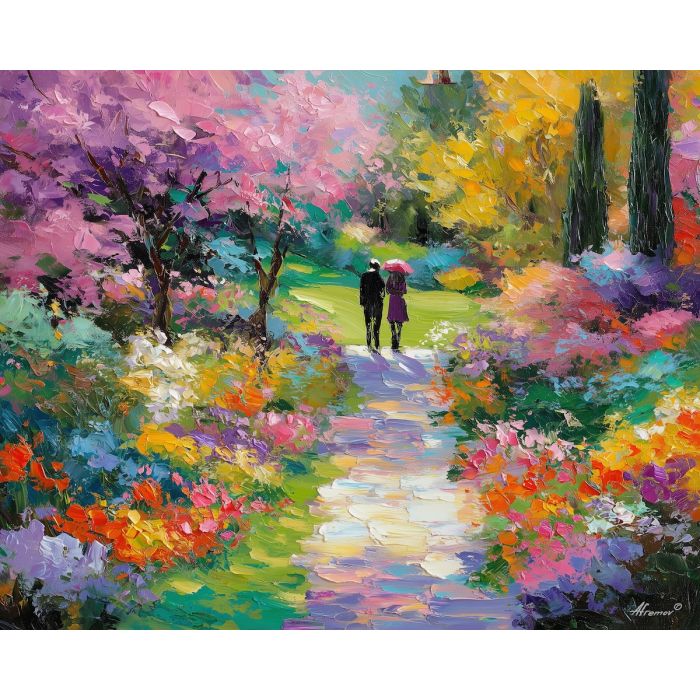 open, path, easter theme, spring celebration, pastel colors, palette knife, oil painting, impasto, bright art, seasonal, spring park, decorated eggs, festive, colorful scene, textured paint, joyful mood, springtime