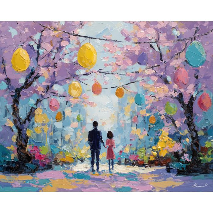 cheerful, day, easter theme, spring celebration, pastel colors, palette knife, oil painting, impasto, bright art, seasonal, spring park, decorated eggs, festive, colorful scene, textured paint, joyful mood, springtime