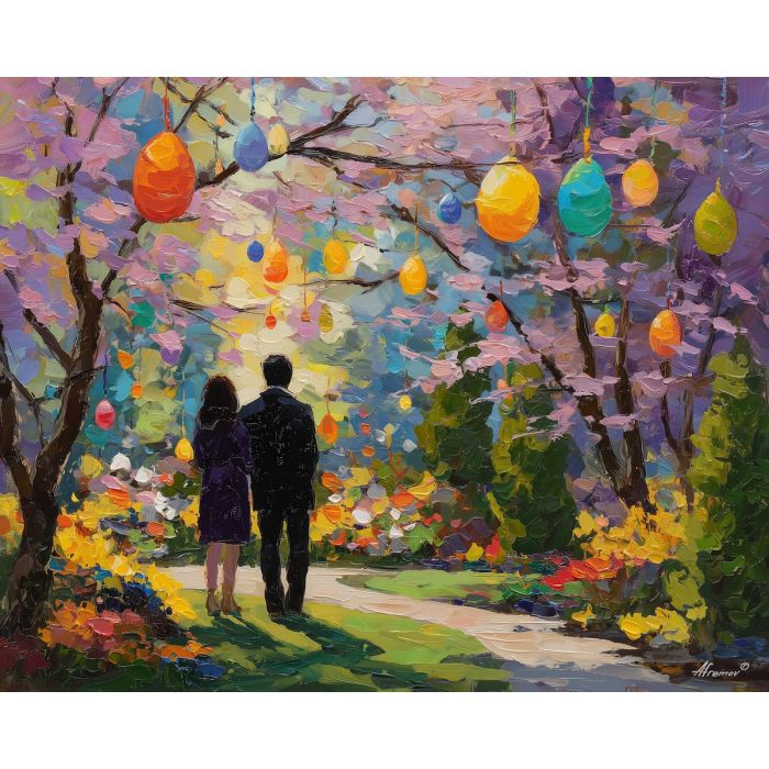 open, walk, easter theme, spring celebration, pastel colors, palette knife, oil painting, impasto, bright art, seasonal, spring park, decorated eggs, festive, colorful scene, textured paint, joyful mood, springtime