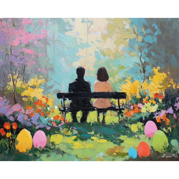 blooming, moment, easter theme, spring celebration, pastel colors, palette knife, oil painting, impasto, bright art, seasonal, spring park, decorated eggs, festive, colorful scene, textured paint, joyful mood, springtime