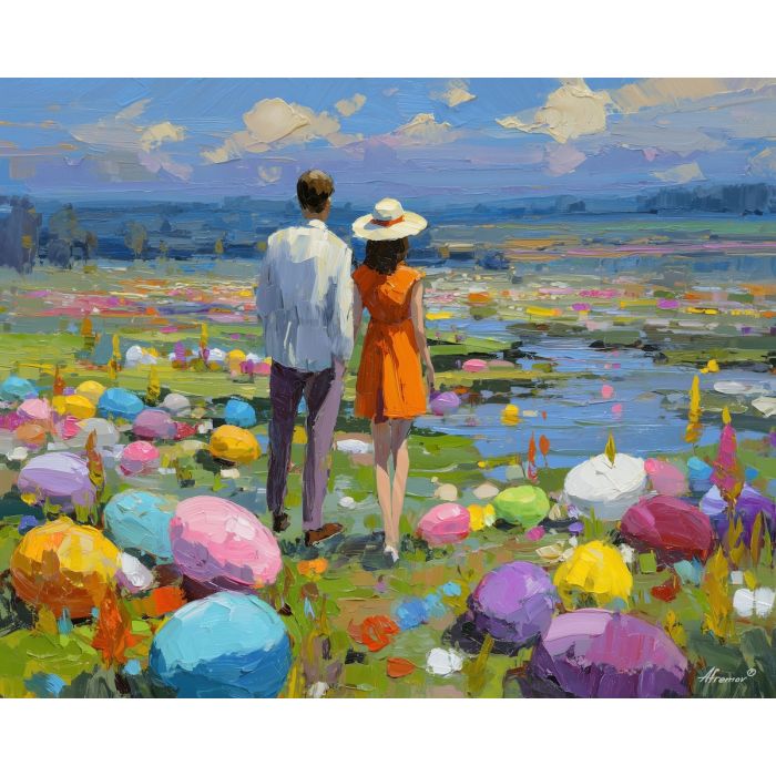 light, season, easter theme, spring celebration, pastel colors, palette knife, oil painting, impasto, bright art, seasonal, spring park, decorated eggs, festive, colorful scene, textured paint, joyful mood, springtime