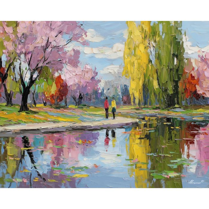 lively, park, easter theme, spring celebration, pastel colors, palette knife, oil painting, impasto, bright art, seasonal, spring park, decorated eggs, festive, colorful scene, textured paint, joyful mood, springtime