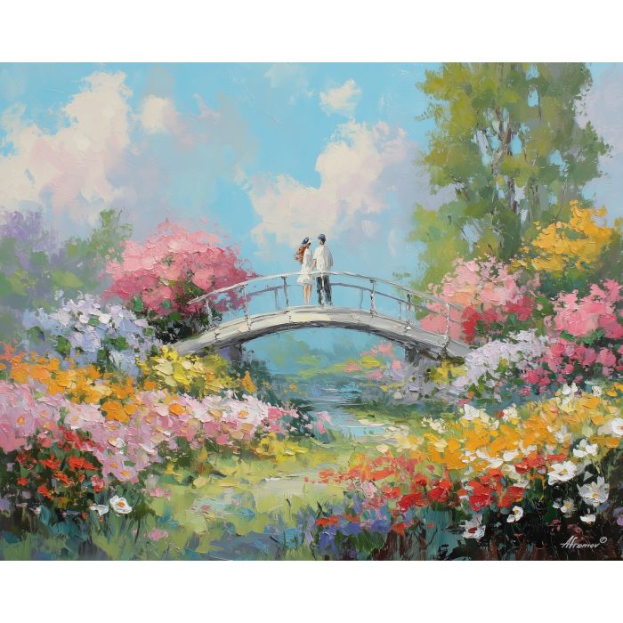 flowered, morning, easter theme, spring celebration, pastel colors, palette knife, oil painting, impasto, bright art, seasonal, spring park, decorated eggs, festive, colorful scene, textured paint, joyful mood, springtime