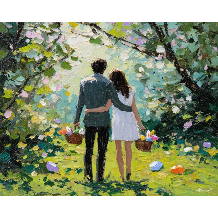 spring, air, easter theme, spring celebration, pastel colors, palette knife, oil painting, impasto, bright art, seasonal, spring park, decorated eggs, festive, colorful scene, textured paint, joyful mood, springtime