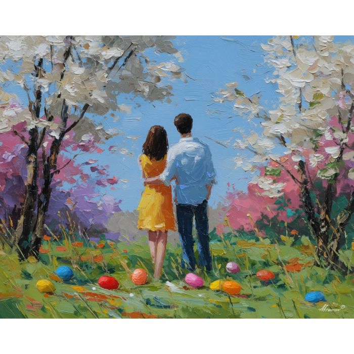 easter, joy, easter theme, spring celebration, pastel colors, palette knife, oil painting, impasto, bright art, seasonal, spring park, decorated eggs, festive, colorful scene, textured paint, joyful mood, springtime