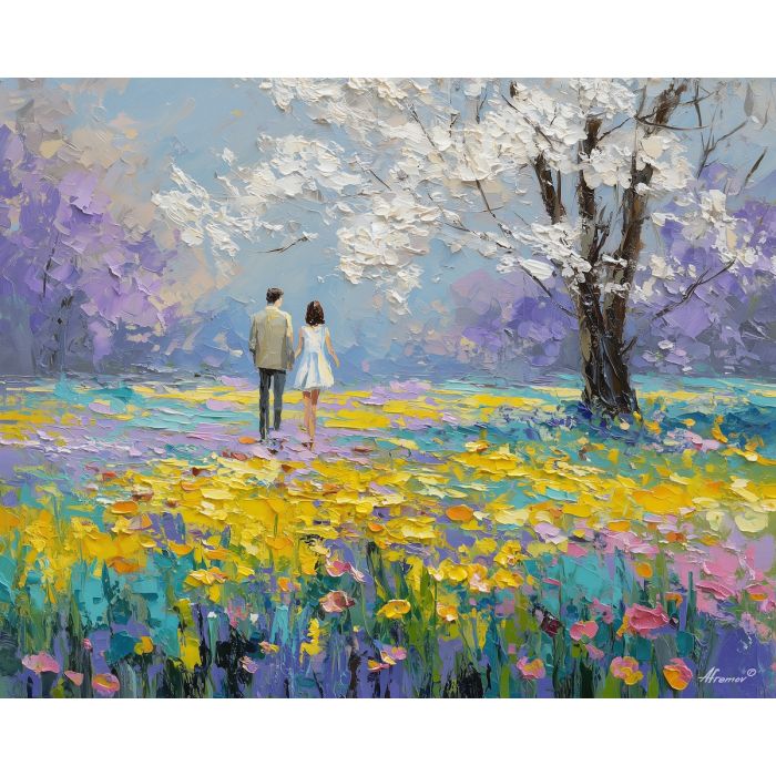 open, morning, easter theme, spring celebration, pastel colors, palette knife, oil painting, impasto, bright art, seasonal, spring park, decorated eggs, festive, colorful scene, textured paint, joyful mood, springtime
