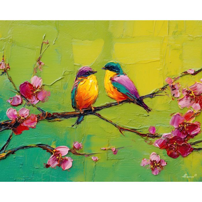 lively, space, spring theme, bright colors, green, yellow, violet, red, seasonal art, people, animals, painterly, expressive style, modern painting, textured surface, joyful mood, color harmony