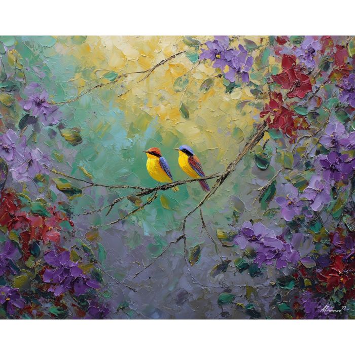 airy, horizon, spring theme, bright colors, green, yellow, violet, red, seasonal art, people, animals, painterly, expressive style, modern painting, textured surface, joyful mood, color harmony