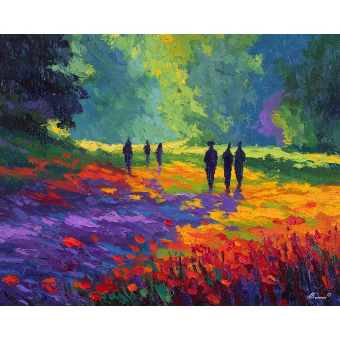 spring, field, spring theme, bright colors, green, yellow, violet, red, seasonal art, people, animals, painterly, expressive style, modern painting, textured surface, joyful mood, color harmony