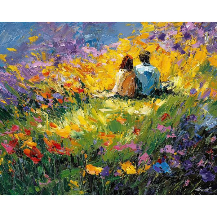 warm, path, spring theme, bright colors, green, yellow, violet, red, seasonal art, people, animals, painterly, expressive style, modern painting, textured surface, joyful mood, color harmony