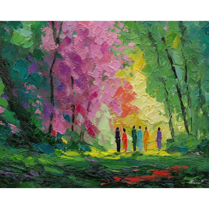 bright, breeze, spring theme, bright colors, green, yellow, violet, red, seasonal art, people, animals, painterly, expressive style, modern painting, textured surface, joyful mood, color harmony