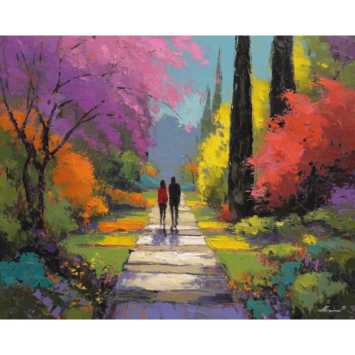 flowing, blooms, spring theme, bright colors, green, yellow, violet, red, seasonal art, people, animals, painterly, expressive style, modern painting, textured surface, joyful mood, color harmony