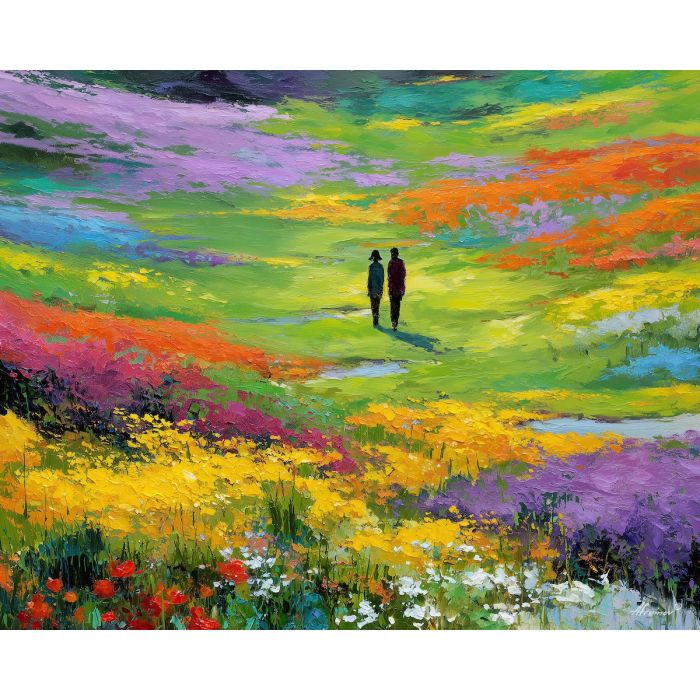 radiant, field, spring theme, bright colors, green, yellow, violet, red, seasonal art, people, animals, painterly, expressive style, modern painting, textured surface, joyful mood, color harmony