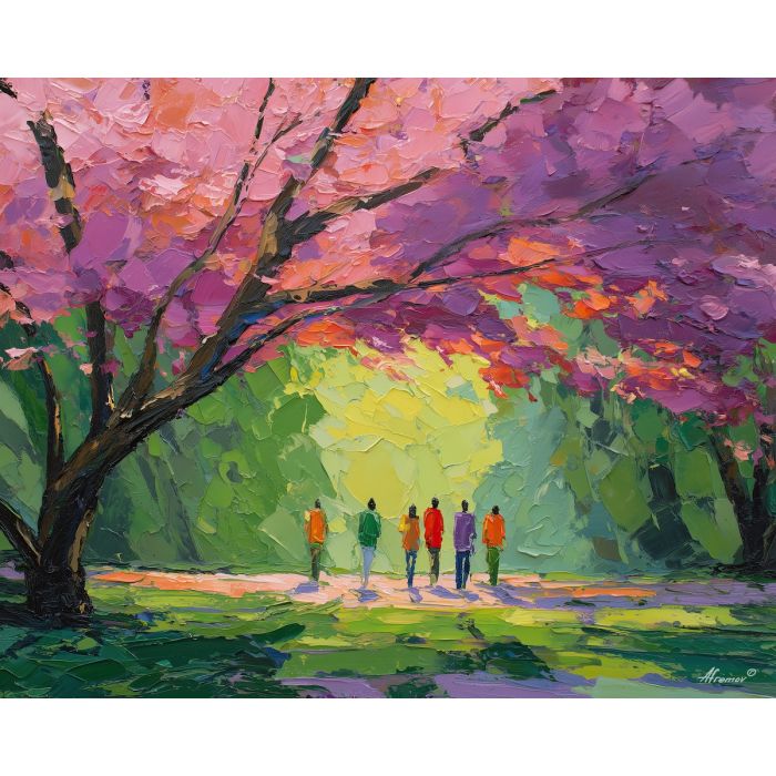 clear, morning, spring theme, bright colors, green, yellow, violet, red, seasonal art, people, animals, painterly, expressive style, modern painting, textured surface, joyful mood, color harmony