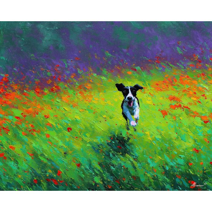 gentle, breeze, spring theme, bright colors, green, yellow, violet, red, seasonal art, people, animals, painterly, expressive style, modern painting, textured surface, joyful mood, color harmony