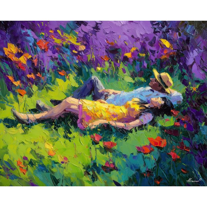 sunlit, air, spring theme, bright colors, green, yellow, violet, red, seasonal art, people, animals, painterly, expressive style, modern painting, textured surface, joyful mood, color harmony