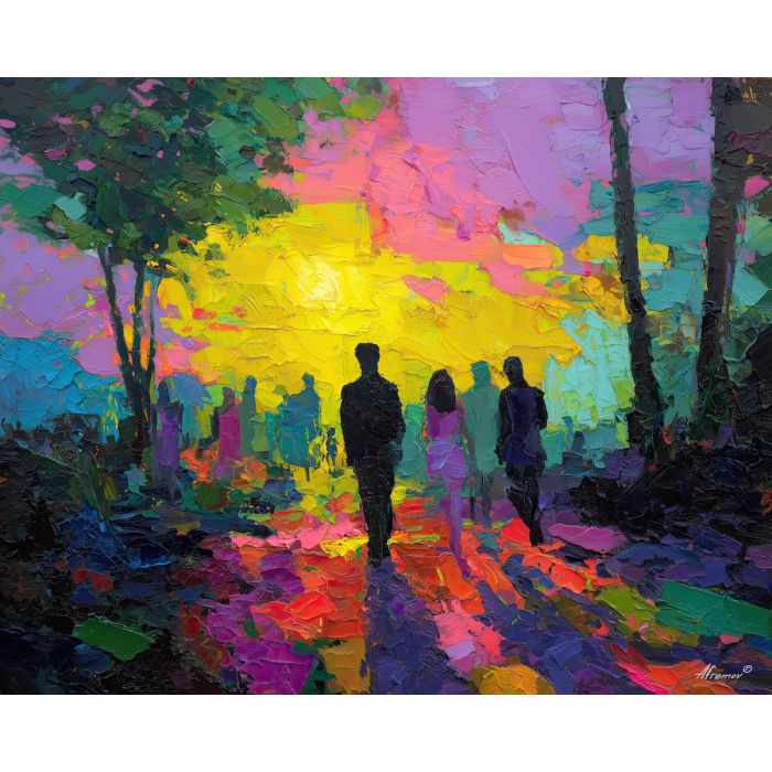 vivid, moment, spring theme, bright colors, green, yellow, violet, red, seasonal art, people, animals, painterly, expressive style, modern painting, textured surface, joyful mood, color harmony