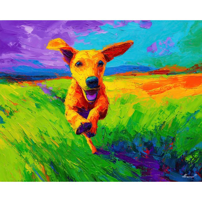 clear, path, spring theme, bright colors, green, yellow, violet, red, seasonal art, people, animals, painterly, expressive style, modern painting, textured surface, joyful mood, color harmony