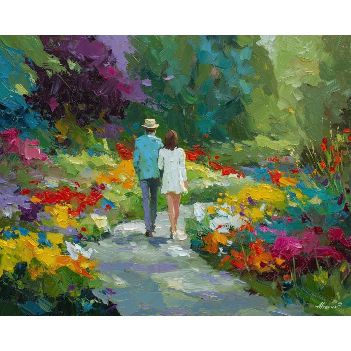 gentle, clearing, spring theme, bright colors, green, yellow, violet, red, seasonal art, people, animals, painterly, expressive style, modern painting, textured surface, joyful mood, color harmony