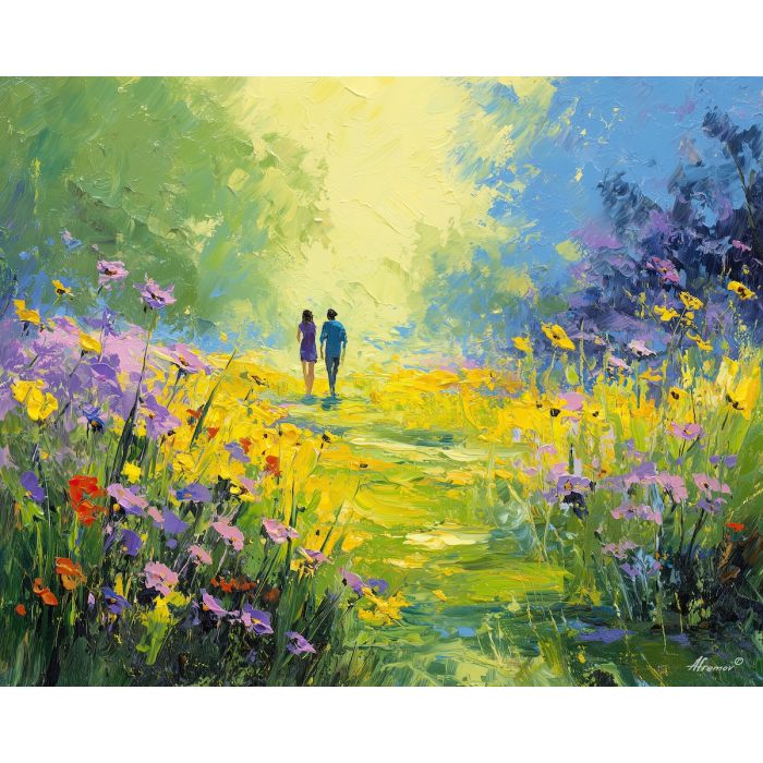 sunlit, moment, spring theme, bright colors, green, yellow, violet, red, seasonal art, people, animals, painterly, expressive style, modern painting, textured surface, joyful mood, color harmony