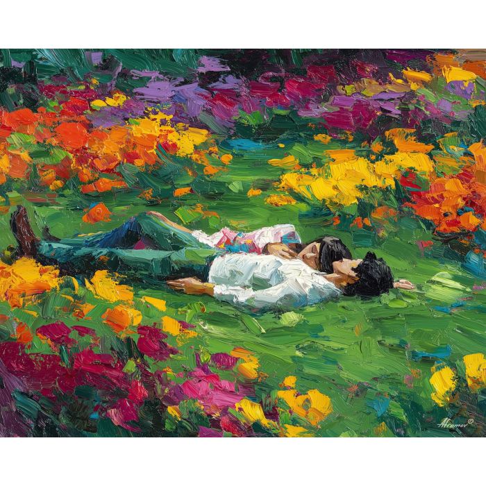 vivid, view, spring theme, bright colors, green, yellow, violet, red, seasonal art, people, animals, painterly, expressive style, modern painting, textured surface, joyful mood, color harmony