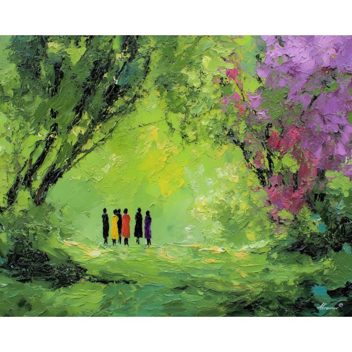 green, ground, spring theme, bright colors, yellow, violet, red, seasonal art, people, animals, painterly, expressive style, modern painting, textured surface, joyful mood, color harmony