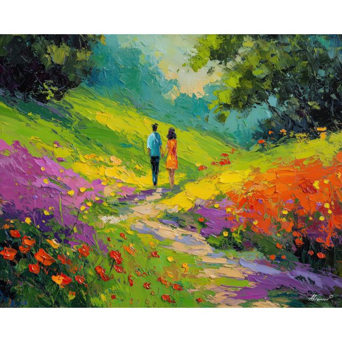 green, garden, spring theme, bright colors, yellow, violet, red, seasonal art, people, animals, painterly, expressive style, modern painting, textured surface, joyful mood, color harmony