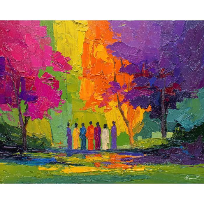 bright, park, spring theme, bright colors, green, yellow, violet, red, seasonal art, people, animals, painterly, expressive style, modern painting, textured surface, joyful mood, color harmony