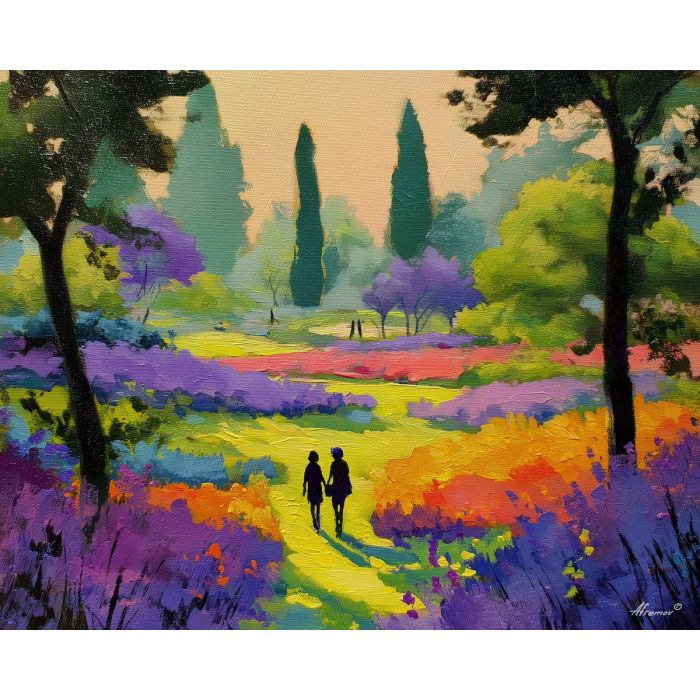 gentle, garden, spring theme, bright colors, green, yellow, violet, red, seasonal art, people, animals, painterly, expressive style, modern painting, textured surface, joyful mood, color harmony