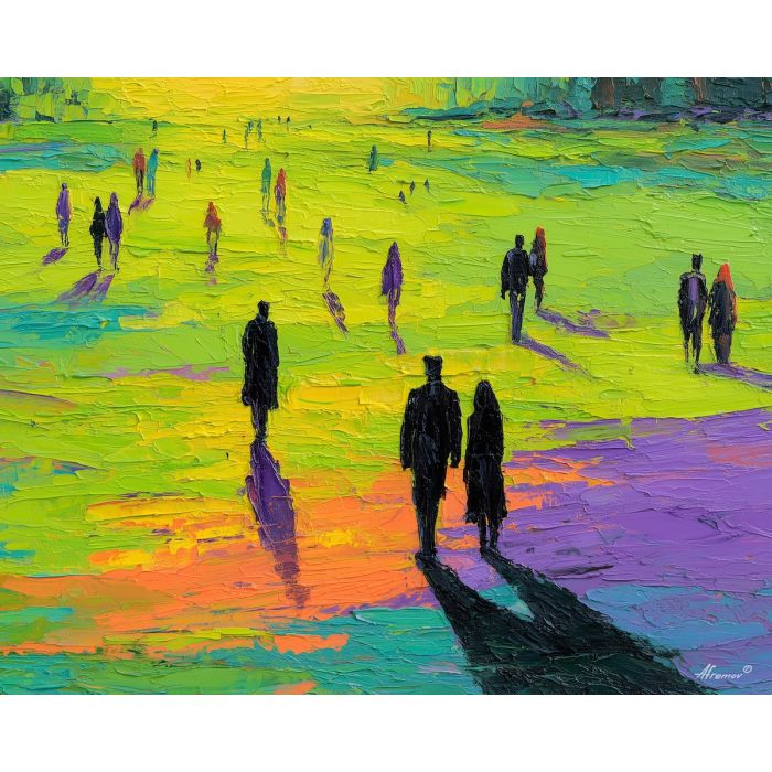 clear, field, spring theme, bright colors, green, yellow, violet, red, seasonal art, people, animals, painterly, expressive style, modern painting, textured surface, joyful mood, color harmony