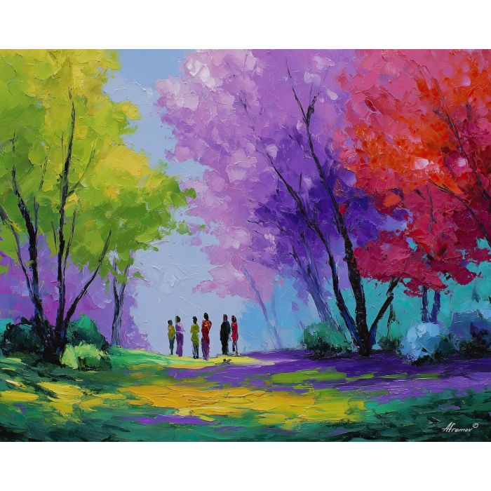 joyful, park, spring theme, bright colors, green, yellow, violet, red, seasonal art, people, animals, painterly, expressive style, modern painting, textured surface, joyful mood, color harmony