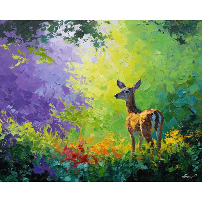 clear, view, spring theme, bright colors, green, yellow, violet, red, seasonal art, people, animals, painterly, expressive style, modern painting, textured surface, joyful mood, color harmony