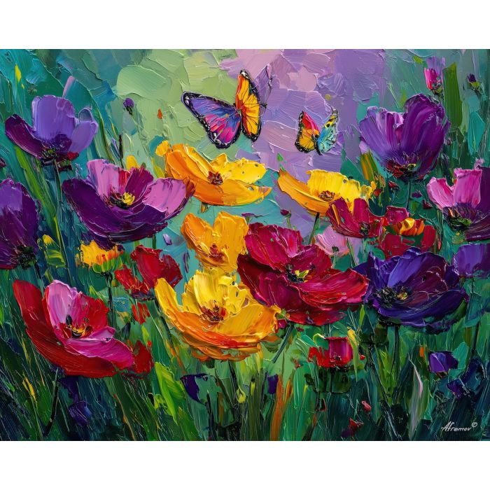 vivid, blooms, spring theme, bright colors, green, yellow, violet, red, seasonal art, people, animals, painterly, expressive style, modern painting, textured surface, joyful mood, color harmony