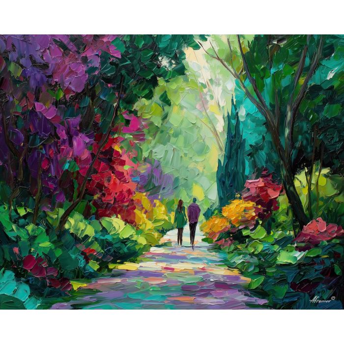 warm, day, spring theme, bright colors, green, yellow, violet, red, seasonal art, people, animals, painterly, expressive style, modern painting, textured surface, joyful mood, color harmony