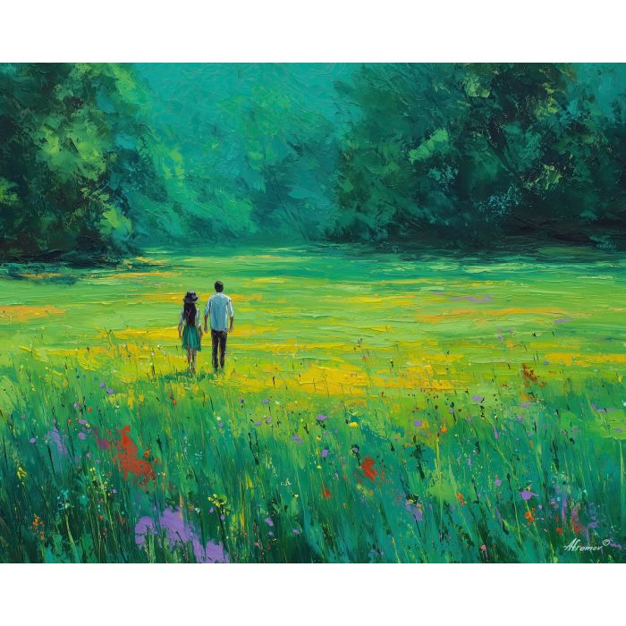 soft, air, spring theme, bright colors, green, yellow, violet, red, seasonal art, people, animals, painterly, expressive style, modern painting, textured surface, joyful mood, color harmony