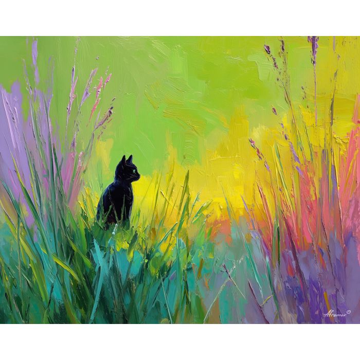 radiant, clearing, spring theme, bright colors, green, yellow, violet, red, seasonal art, people, animals, painterly, expressive style, modern painting, textured surface, joyful mood, color harmony