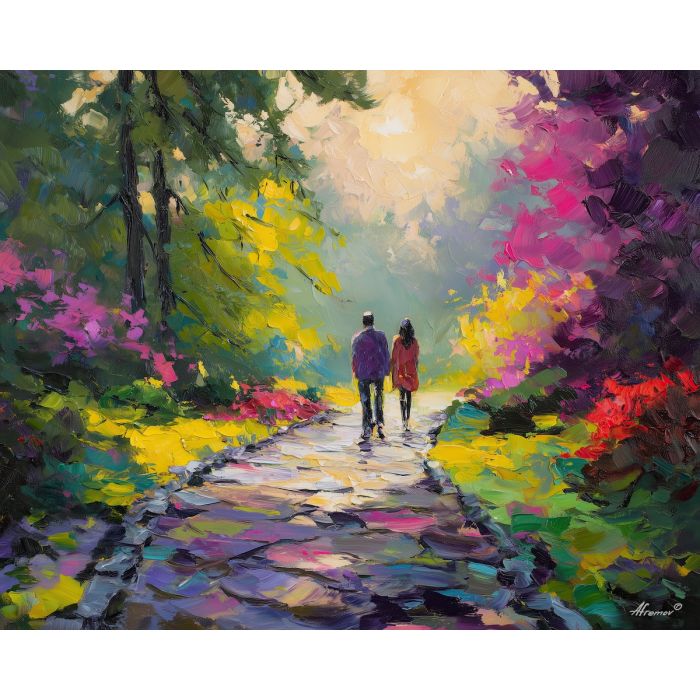 soft, morning, spring theme, bright colors, green, yellow, violet, red, seasonal art, people, animals, painterly, expressive style, modern painting, textured surface, joyful mood, color harmony